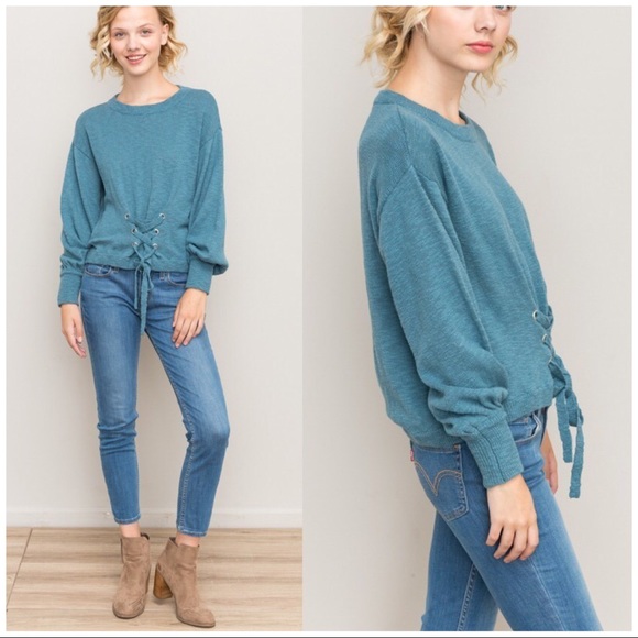 BLUE COTTON TIE FRONT BALLOON SLEEVE SWEATER - Picture 2 of 7